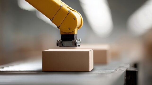 industrial yellow robotic arm lifting cardboard boxes in automated warehouse facility