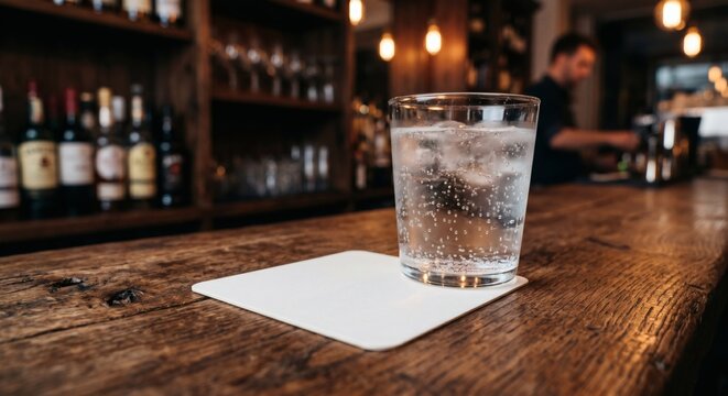 Blank white square paper coaster mockup under a glass on wooden counter