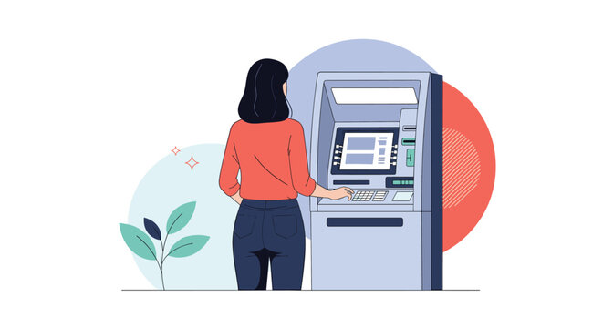 Young woman in a casual orange shirt and jeans stands at an automated teller machine making a financial transaction in a modern bank area.