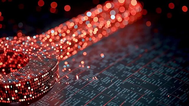 Digital red wrench made of binary code numbers glowing on a circuit board, symbolizing concepts like online repair, cyber security, technological development, and digital tools for data recovery
