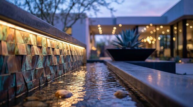 Modern outdoor water feature with LED lighting at dusk in a luxury garden setting.