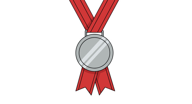 Silver medal with a shiny reflective surface hangs from a crossed red ribbon featuring dark red stripes on a white background.