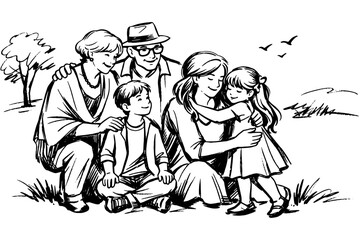 Obraz premium Multigenerational Family Minimal Line Art Illustration Design