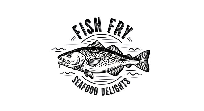 Fish Fry Seafood Delights Logo Emblem with Cod Fish Illustration