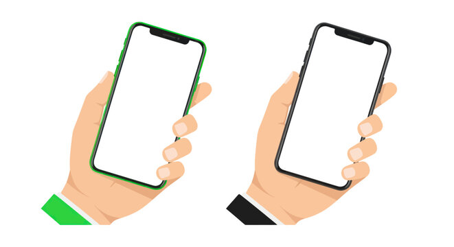 Hands Holding Smartphones with Blank Screens, One Green, One Black
