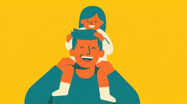 A cheerful flat vector illustration of a happy father carrying his smiling young daughter on his shoulders, joyful fatherhood concept isolated on a vibrant yellow background with copy space.