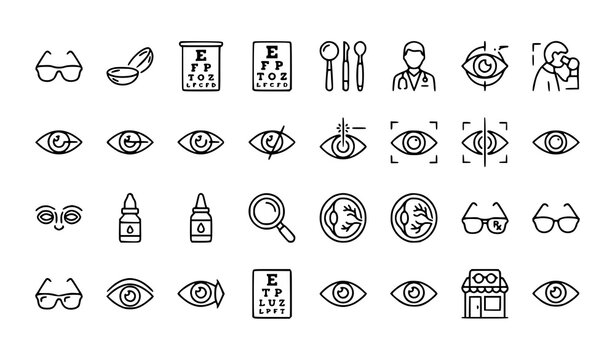 Eye Care and Vision Test Line Icon Collection for Optical and Medical Design