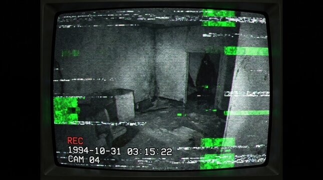 Security camera footage dark figure inside abandoned room, old monitor screen with digital noise, grainy black white texture, vintage recording equipment style glitch grain hallway indoor wall.
