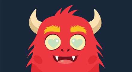 Naklejka premium Adorable red monster character with fluffy fur and white heart shaped eyes expressing love, affection, and happiness on a dark background.
