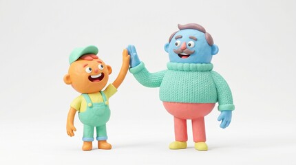 Fototapeta premium A cute 3D claymation illustration of a happy father and son giving a high-five, plasticine style cartoon characters isolated on a clean white background with copy space.
