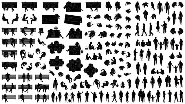 Landscape Furniture CAD Block Library with Human Silhouettes Seating Layouts and Park Elements