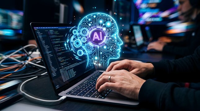 Hands typing on laptop with glowing AI brain and code network, artificial intelligence, machine learning, and data science concept