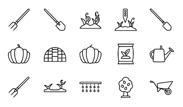 Minimal Gardening Tool Icon Collection with Farm Equipment and Agriculture Outline Illustration Set