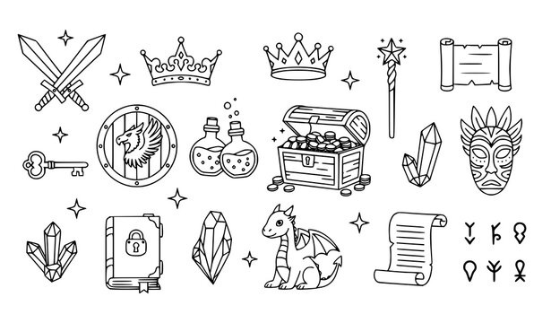 Fantasy Medieval Object Collection with Crown Sword Crystal Scroll and Magic Hand Drawn Icons