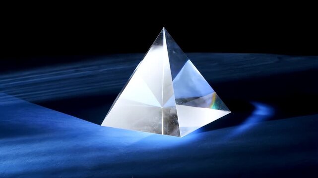 Prism abstract holographic light pyramid with refracted glow, futuristic sci-fi rays and caustic patterns on dark space background