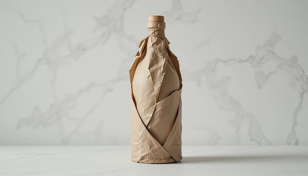 Minimalist glass bottle wrapped in textured kraft paper with geometric folds, isolated on white background, modern eco-friendly packaging design with elegant natural aesthetics