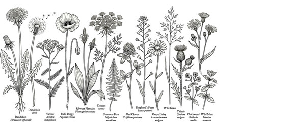 Vintage Botanical Illustration Vector Set Featuring Detailed Hand Drawn Wildflowers and Medicinal Herbs with Latin Text Labels for Antique Style Designs © Rakib