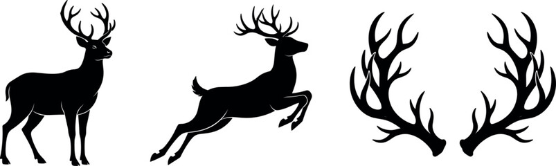 Fototapeta premium Male Deer Silhouette Vector Set with Large Horn Antlers and Standing or Leaping Stag Positions for Hunting Club Logos and Forest Wildlife Nature Projects