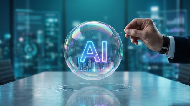 Businessman holding needle near AI city bubble, concept of artificial intelligence risk, technology hype, market volatility and fragile digital innovation growth