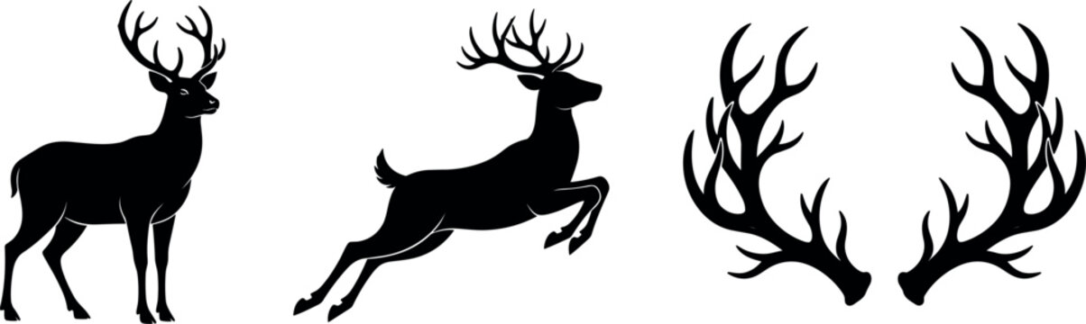 Male Deer Silhouette Vector Set with Large Horn Antlers and Standing or Leaping Stag Positions for Hunting Club Logos and Forest Wildlife Nature Projects