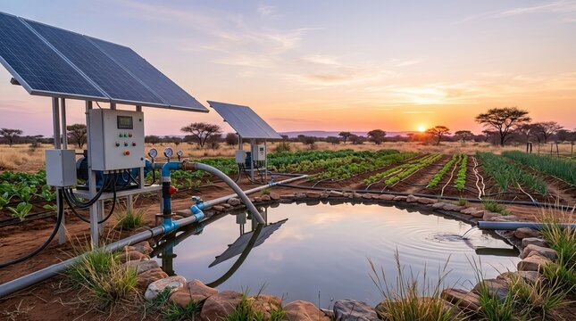 Solar powered irrigation system in agricultural field at sunset.