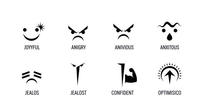 Set of Abstract Emotion Icons: Joy, Anger, Anxiety, Fear, Jealousy, Confidence, Optimism