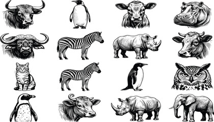 Hand Drawn Wild Animal Vector Icon Set Featuring Detailed Engraving Style Illustrations of Elephant, Zebra, Rhino, Hippo, and Penguins for Design Layouts © Rakib