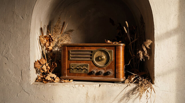 Antique Shortwave Radio in Autumn Leaves