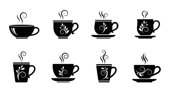 Floral coffee cup icons collection featuring leaf and vine ornaments on black mug silhouettes for organic tea shop branding and decorative cafe menu graphics