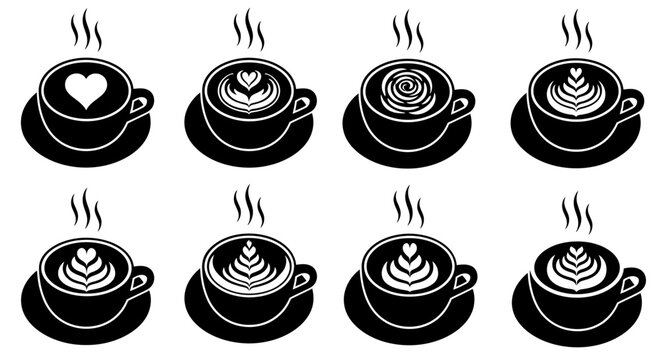 Collection of steaming coffee cups with professional latte art patterns including hearts and rosettes on saucers for cafe marketing and menu background design