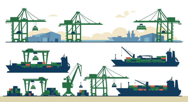 Container port and cargo ship operations illustration