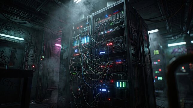 Server rack filled with tangled colorful network cables, dark industrial room heavy smoke, glowing blue lights from hardware components, messy wires hanging across metal computer equipment technology.