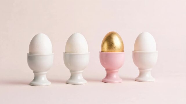 Golden egg stands out among white eggs in pastel holders for Easter celebration. A single golden egg is presented in a pink holder, surrounded by white eggs