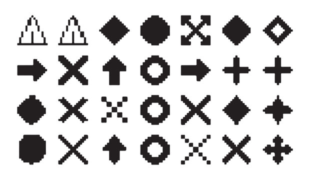 Collection of various pixel style arrow and cross shape cursor interface element icons.