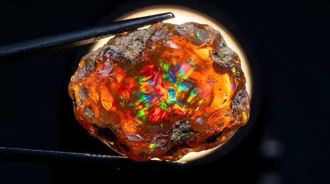 A raw, unpolished boulder opal gemstone held by metal tweezers, showcasing vibrant iridescent flashes of orange, red, green, and blue colors against a dark, out-of-focus circular