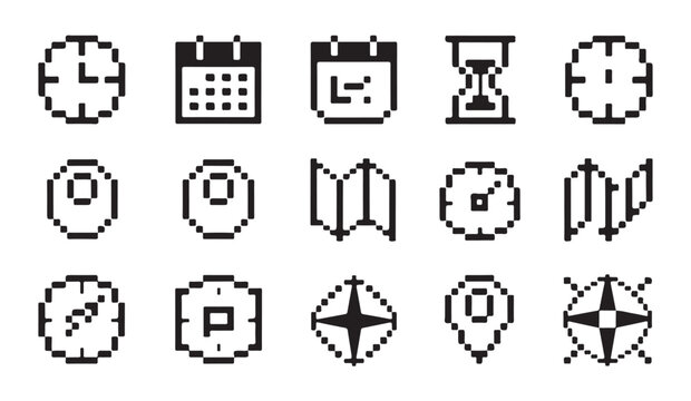 Pixel art time and travel icons featuring clocks calendars and navigation map elements.