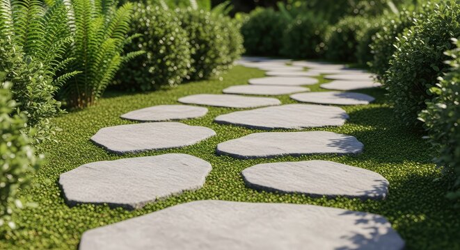 A rustic garden path features irregular grey flagstones nestled among soft moss, with lush green ferns and small shrubs in the soft background, paving, quiet, horticulture