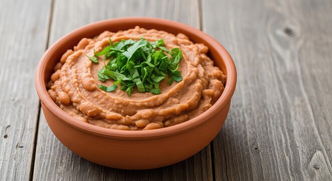 A rustic terracotta bowl filled with creamy traditional refried beans, topped with fresh green parsley on a weathered wooden surface, nutrition, table, cooking