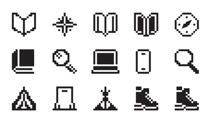 Adventure and exploration pixelated icons with boots compass laptop and telescope items. © parul