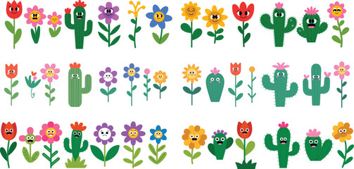 Fototapeta premium Large collection of cute vector flower and cactus characters with funny faces isolated on white background