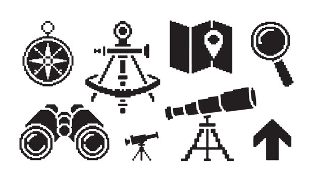 Scientific discovery pixel art tools with sextant binoculars telescope and compass set.