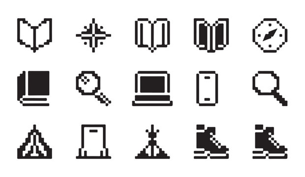 Adventure and exploration pixelated icons with boots compass laptop and telescope items.