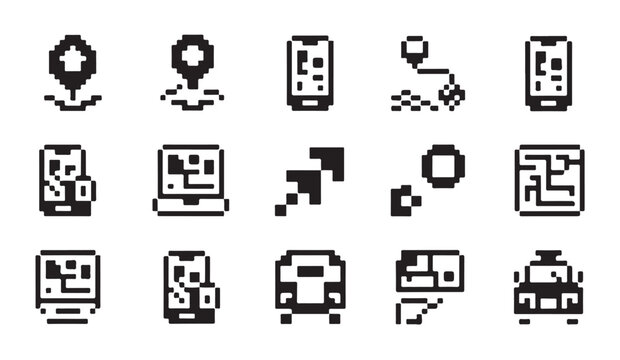 Set of pixel art icons of location, navigation and map on smartphone applications.