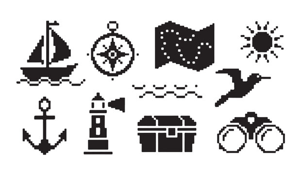 Set of pixel art icons of sea voyage and marine adventure essentials collection.