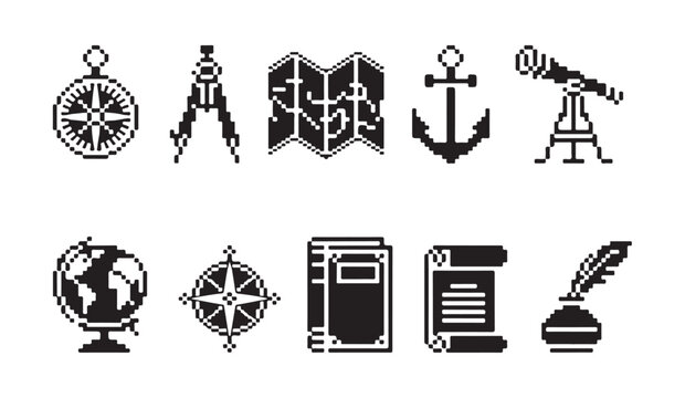 Set of pixel art icons of antique navigation and cartography tools collection.