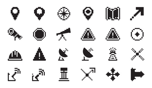 Set of pixel art icons related to navigation, caution, and radar symbols.