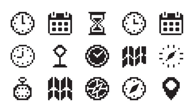 Pixel art icons collection of time and navigation objects for interface design.