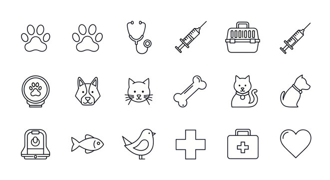 Veterinary Icons Set: Dog, Cat, Paw Print, Stethoscope, Syringe, Bone, Fish, Bird