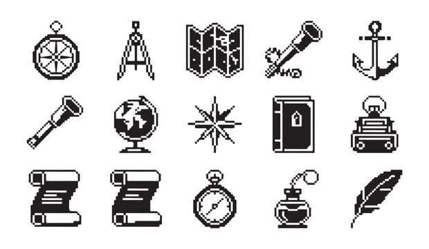 Set of pixel art icons representing ancient navigation and discovery tools.