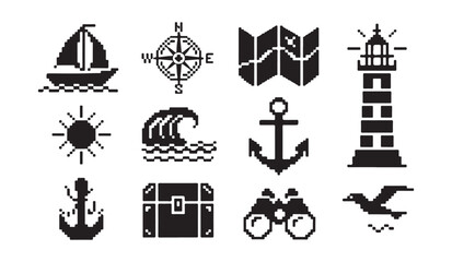 Maritime adventure pixel art set including sailing ship lighthouse anchor and sea motifs. © parul